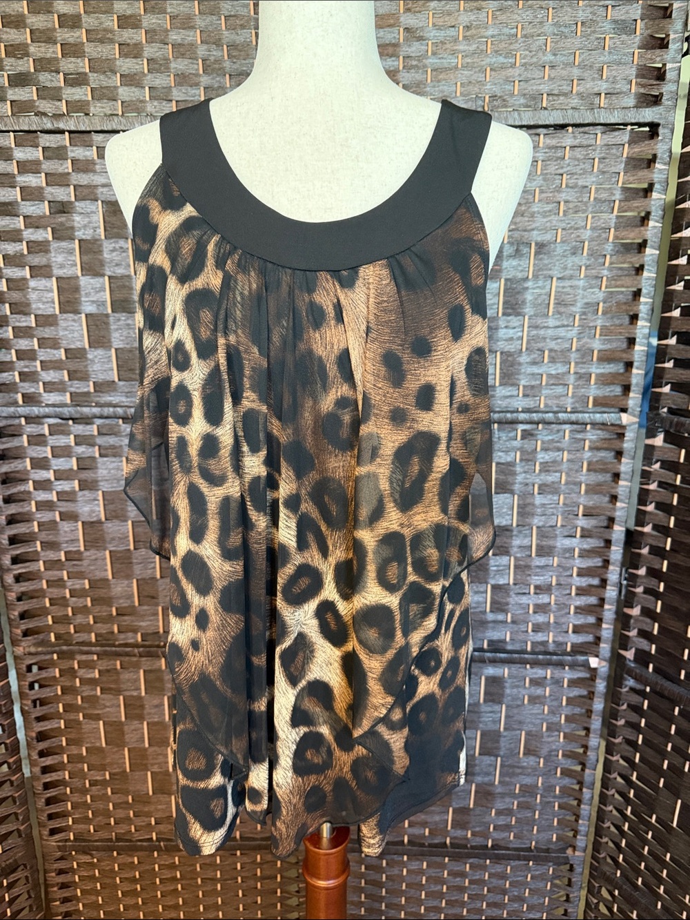 Leopard Print Sleeveless Tunic Top - Black and Brown
